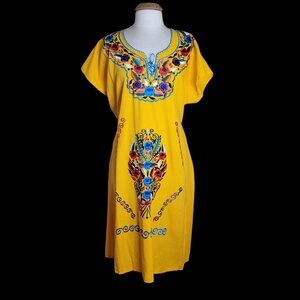 Traditional Embroidered Mexican Midi Dress Size XL Bright Yellow Cotton